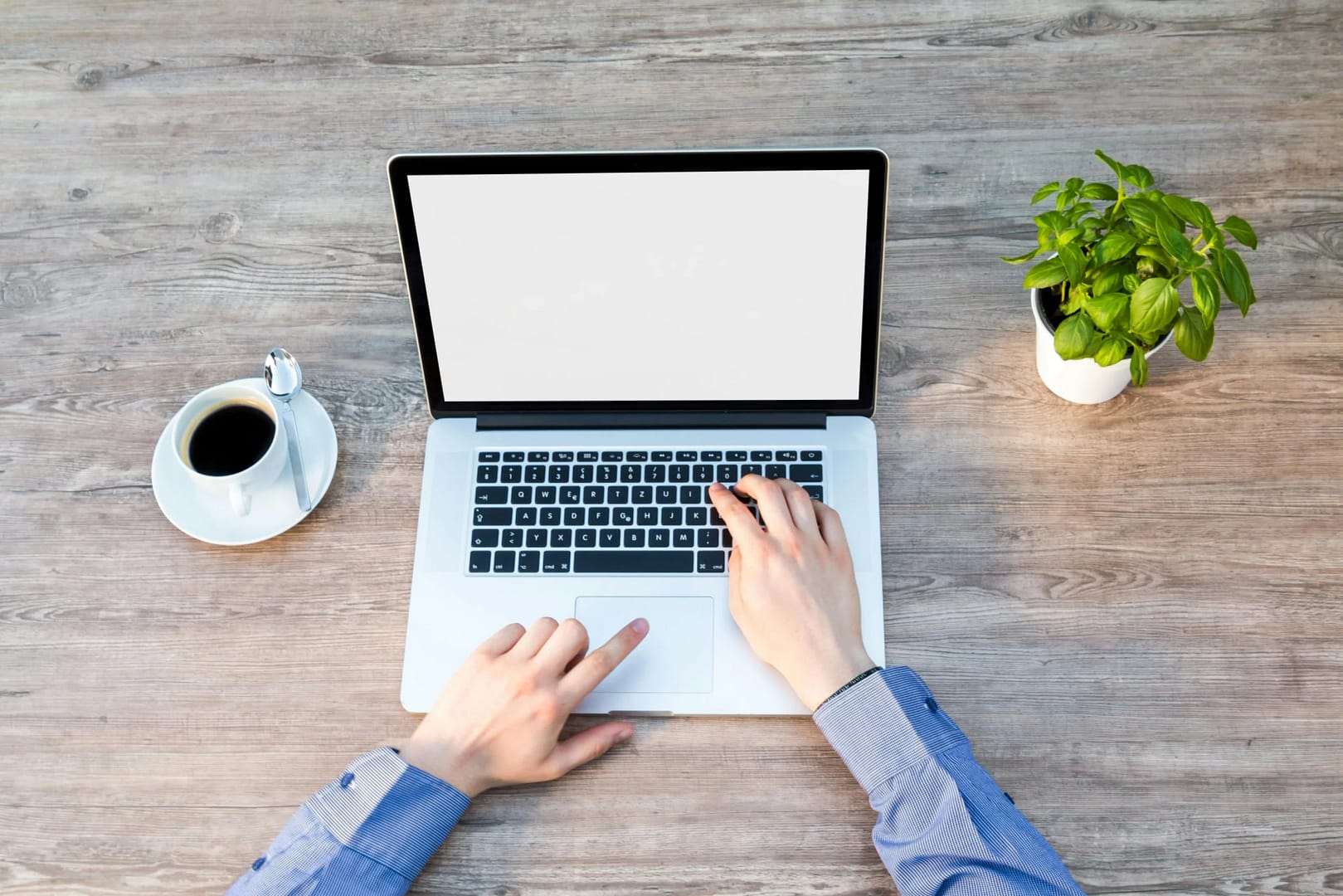 Hands typing on a laptop keyboard on a wooden desk, with a cup of coffee and a potted plant nearby.